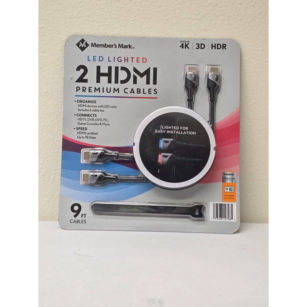 Member's Mark 9' LED Lighted HDMI Premium Cables 2-Pack 4K 18Gbps HDR CL2 Rated